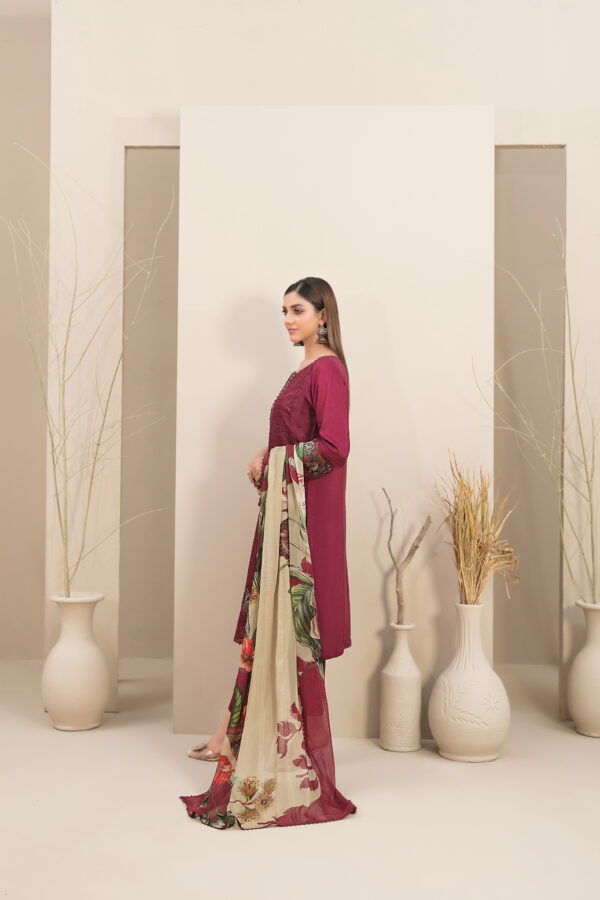 Maroon Fancy Embroidered Viscose with Digital Printed Dupatta - Image 2