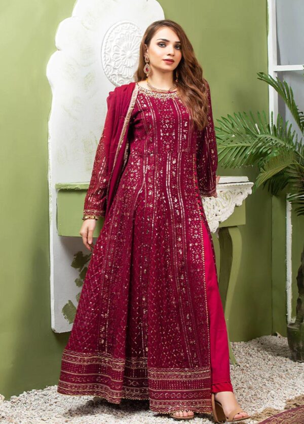 Embroidered Chiffon Long Frock- Gulzar Maroon