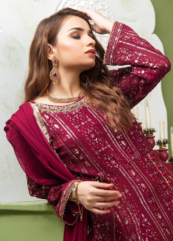 Embroidered Chiffon Long Frock- Gulzar Maroon - Image 3